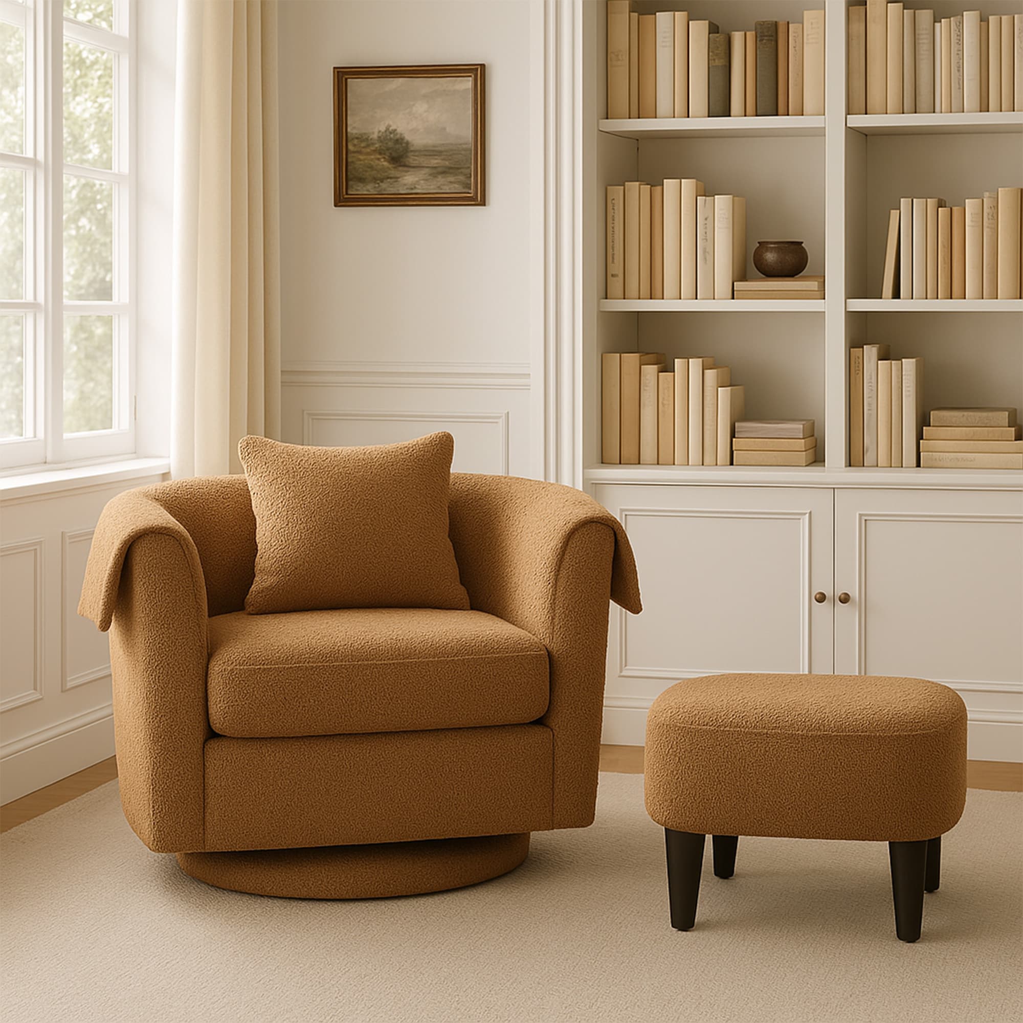 Swivel Accent Chair With Ottoman Set, Modern Chenille Barrel Armchair With Removable Back Pillow & 2 Armrest Covers For Living Room, Bedroom, Office, Yellow_maomaolike.com